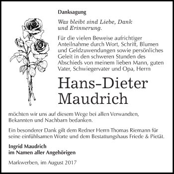 Traueranzeige von Hans-Dieter Maudrich von WVG - Wochenspiegel NMB / WSF / ZTZ