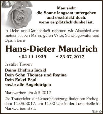 Traueranzeige von Hans-Dieter Maudrich von WVG - Wochenspiegel NMB / WSF / ZTZ