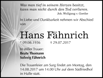 Traueranzeige von Hans Fähnrich von Mitteldeutsche Zeitung Halle/Saalkreis
