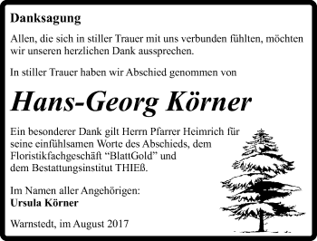 Traueranzeige von Hans-Georg Körner von Mitteldeutsche Zeitung Quedlinburg