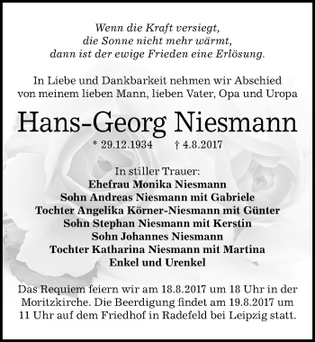 Traueranzeige von Hans-Georg Niesmann von Mitteldeutsche Zeitung Halle/Saalkreis