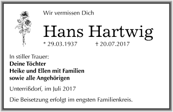 Traueranzeige von Hans Hartwig von Mitteldeutsche Zeitung Mansfelder Land