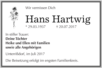 Traueranzeige von Hans Hartwig von Wochenspiegel Mansfelder Land