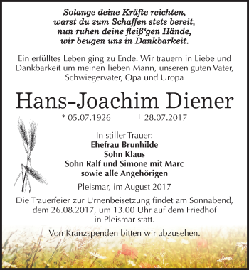 Traueranzeige von Hans-Joachim Diener von Mitteldeutsche Zeitung Naumburg/Nebra