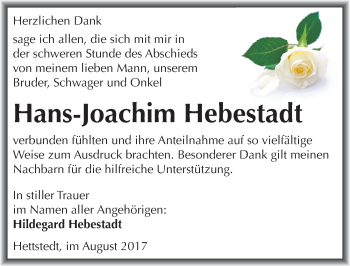 Traueranzeige von Hans-Joachim Hebestadt von Mitteldeutsche Zeitung Mansfelder Land