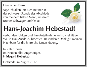 Traueranzeige von Hans-Joachim Hebestadt von Wochenspiegel Mansfelder Land
