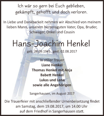 Traueranzeige von Hans-Joachim Henkel von Super Sonntag SGH Mansf. Land