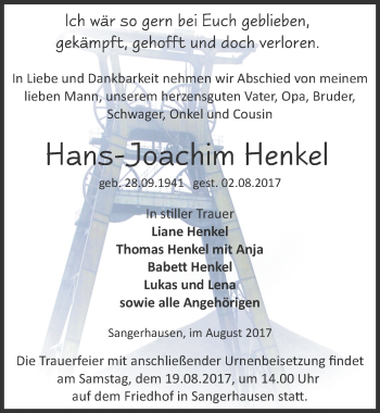 Traueranzeige von Hans-Joachim Henkel von Mitteldeutsche Zeitung Sangerhausen