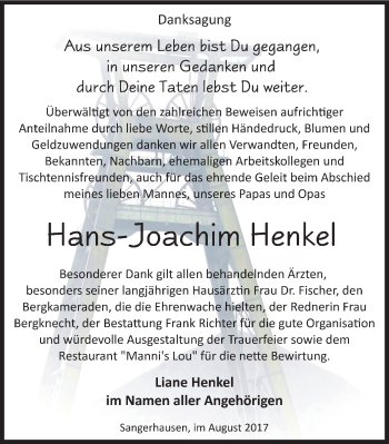 Traueranzeige von Hans-Joachim Henkel von Mitteldeutsche Zeitung Sangerhausen