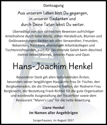 Traueranzeige von Hans-Joachim Henkel von Super Sonntag SGH Mansf. Land