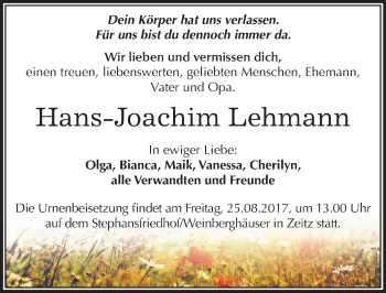 Traueranzeige von Hans-Joachim Lehmann von Mitteldeutsche Zeitung Zeitz