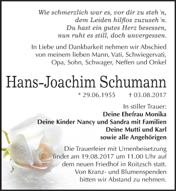 Traueranzeige von Hans-Joachim Schumann von Mitteldeutsche Zeitung Bitterfeld