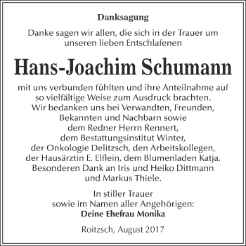 Traueranzeige von Hans-Joachim Schumann von WVG - Wochenspiegel Bitterfeld