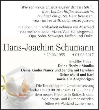 Traueranzeige von Hans-Joachim Schumann von WVG - Wochenspiegel Bitterfeld