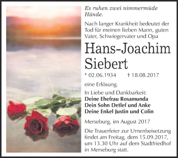 Traueranzeige von Hans-Joachim Siebert von Super Sonntag Merseburg