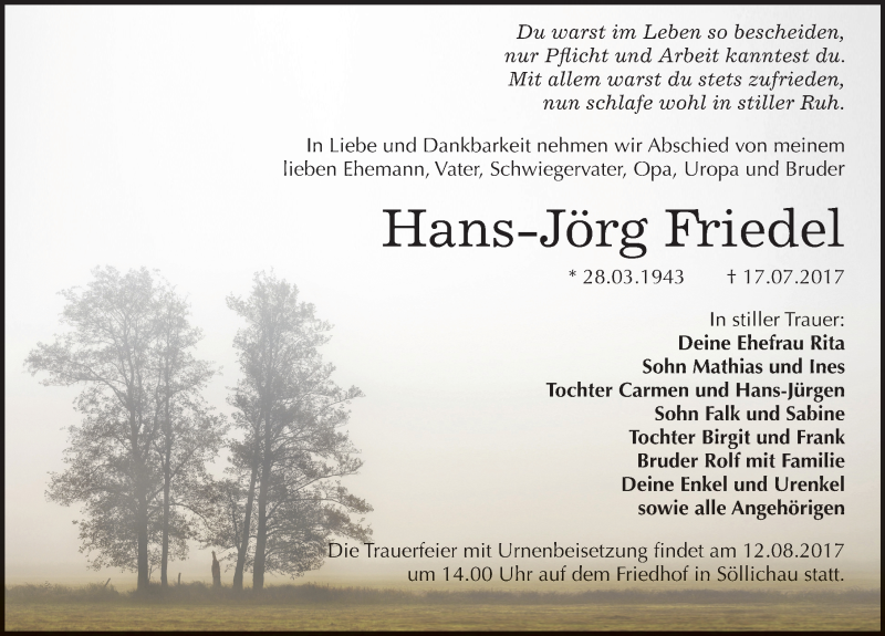  Traueranzeige für Hans-Jörg Friedel vom 04.08.2017 aus Mitteldeutsche Zeitung Wittenberg