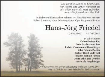 Traueranzeige von Hans-Jörg Friedel von WVG - Wochenspiegel Bitterfeld