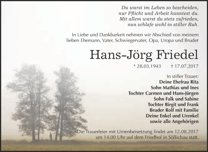  Traueranzeige für Hans-Jörg Friedel vom 02.08.2017 aus WVG - Wochenspiegel Bitterfeld