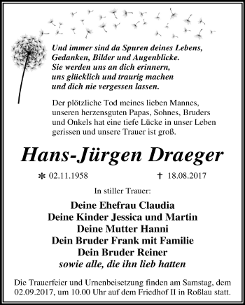Traueranzeige von Hans-Jürgen Draeger von Mitteldeutsche Zeitung Dessau-Roßlau