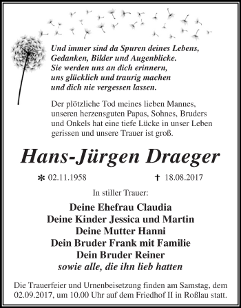 Traueranzeige von Hans-Jürgen Draeger von WVG - Wochenspiegel Dessau / Köthen