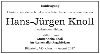 Traueranzeige von Hans-Jürgen Knoll von Mitteldeutsche Zeitung Bitterfeld