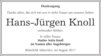 Traueranzeige von Hans-Jürgen Knoll von WVG - Wochenspiegel Bitterfeld