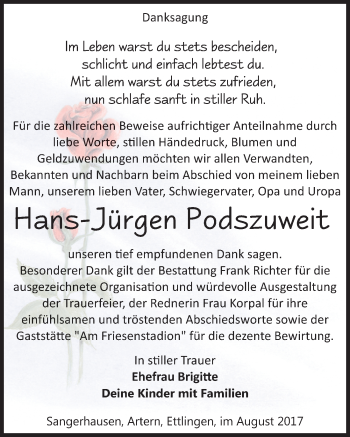 Traueranzeige von Hans-Jürgen Podszuweit von Mitteldeutsche Zeitung Sangerhausen