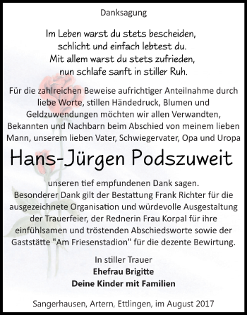 Traueranzeige von Hans-Jürgen Podszuweit von Super Sonntag SGH Mansf. Land