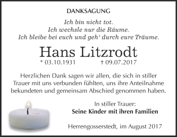Traueranzeige von Hans Litzrodt von WVG - Wochenspiegel NMB / WSF / ZTZ