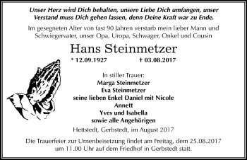 Traueranzeige von Hans Steinmetzer von Mitteldeutsche Zeitung Mansfelder Land