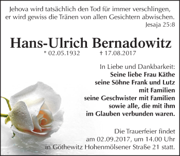 Traueranzeige von Hans-Ulrich Bernadowitz von Mitteldeutsche Zeitung Weißenfels