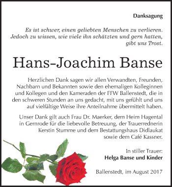 Traueranzeige von Hans Joachim Banse von Mitteldeutsche Zeitung Quedlinburg