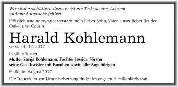 Traueranzeige von Harald Kohlemann von Mitteldeutsche Zeitung Halle/Saalkreis