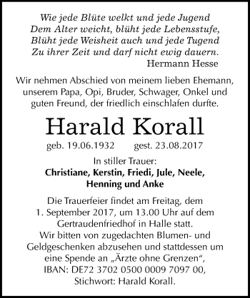 Traueranzeige von Harald Korall von Mitteldeutsche Zeitung Halle/Saalkreis