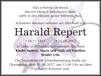 Traueranzeige von Harald Repert von Mitteldeutsche Zeitung Bernburg