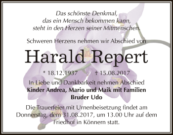 Traueranzeige von Harald Repert von Super Sonntag Bernburg
