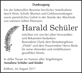 Traueranzeige von Harald Schüler von WVG - Wochenspiegel Dessau / Köthen