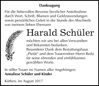 Traueranzeige von Harald Schüler von Mitteldeutsche Zeitung Köthen