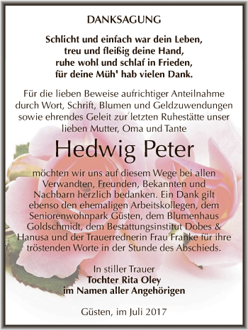 Traueranzeige von Hedwig Peter von Super Sonntag Bernburg