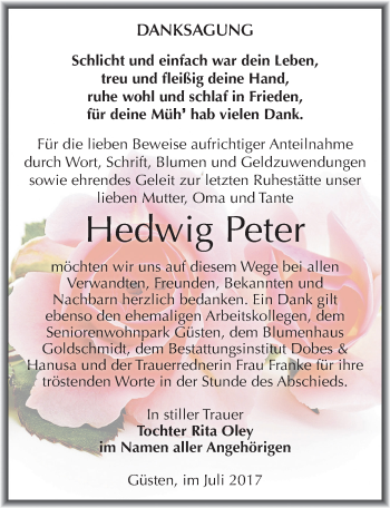 Traueranzeige von Hedwig Peter von Mitteldeutsche Zeitung Bernburg