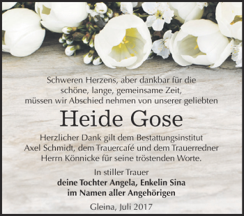 Traueranzeige von Heide Gose von WVG - Wochenspiegel NMB / WSF / ZTZ