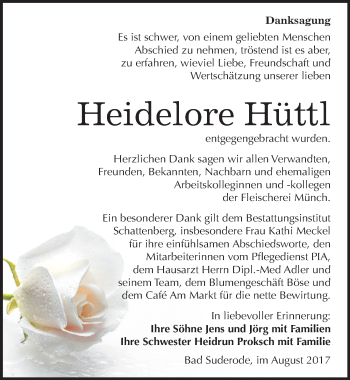 Traueranzeige von Heidelore Hüttl von Mitteldeutsche Zeitung Quedlinburg