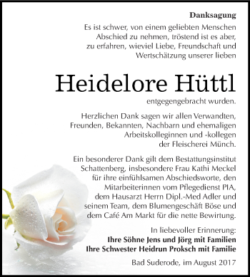 Traueranzeige von Heidelore Hüttl von Super Sonntag Quedlinburg