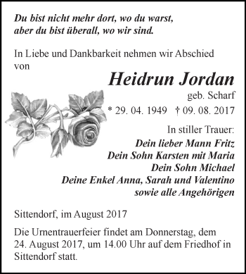 Traueranzeige von Heidrun Jordan von Super Sonntag SGH Mansf. Land