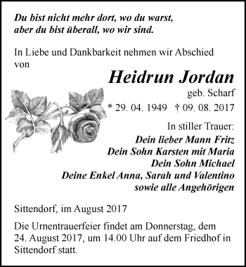 Traueranzeige von Heidrun Jordan von Mitteldeutsche Zeitung Sangerhausen