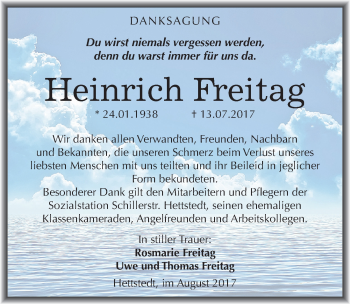 Traueranzeige von Heinrich Freitag von Mitteldeutsche Zeitung Mansfelder Land