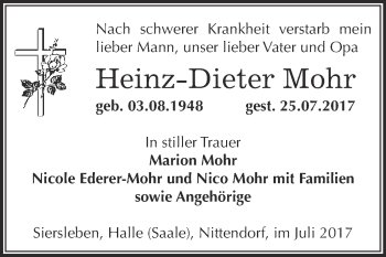 Traueranzeige von Heinz-Dieter Mohr von Wochenspiegel Mansfelder Land