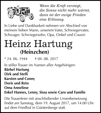 Traueranzeige von Heinz Hartung von WVG - Wochenspiegel Quedlinburg