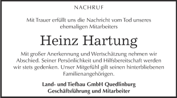 Traueranzeige von Heinz Hartung von Super Sonntag Quedlinburg