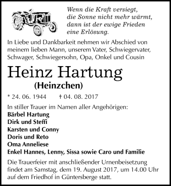 Traueranzeige von Heinz Hartung von Mitteldeutsche Zeitung Quedlinburg